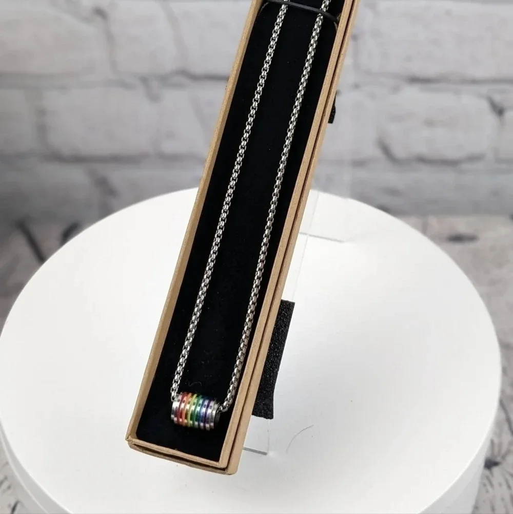Colorful enameled rainbow on metal pendant rolo chain necklace, LGBTQ+, Pride